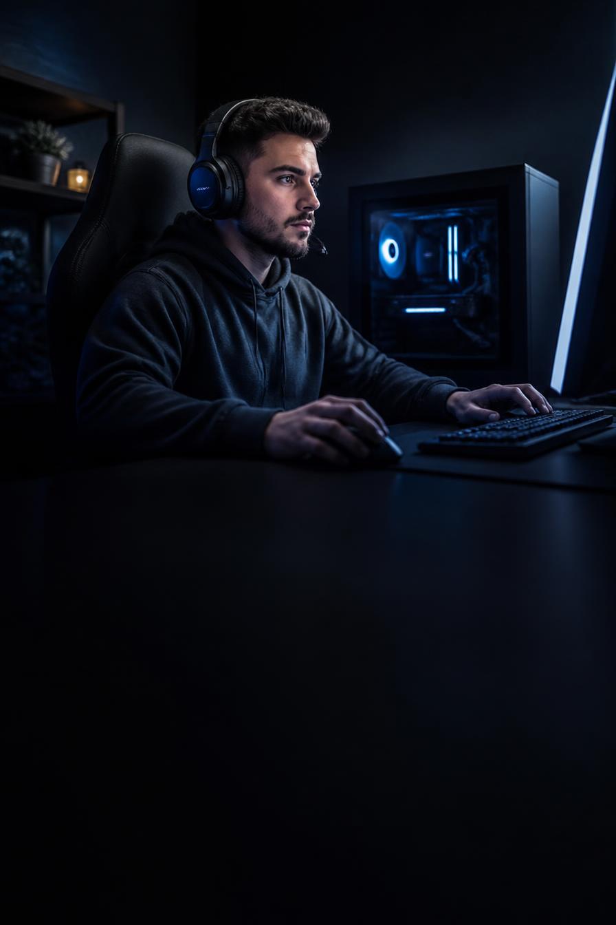 Gamer at a premium dark gaming setup with a large monitor and gaming PC